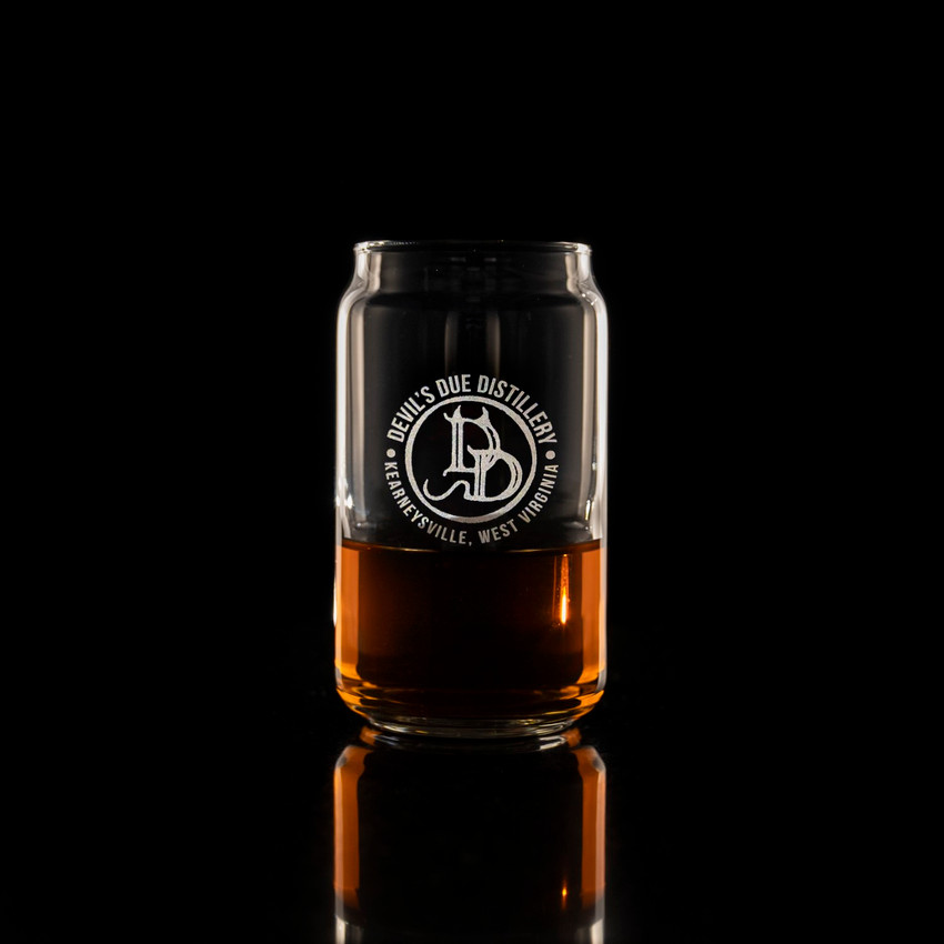Wholesale engraved 5 oz. Short Can Taster Glass customized with Devils Due Distilling logo on a black background