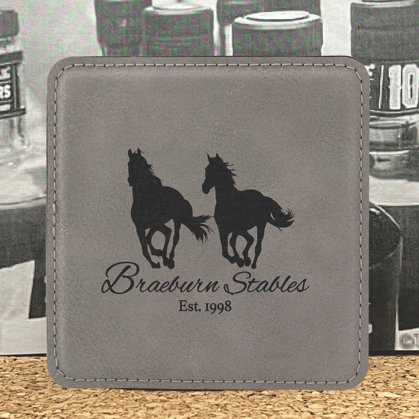 Wholesale engraved Gray Square Coaster customized with Braeburn Stables logo