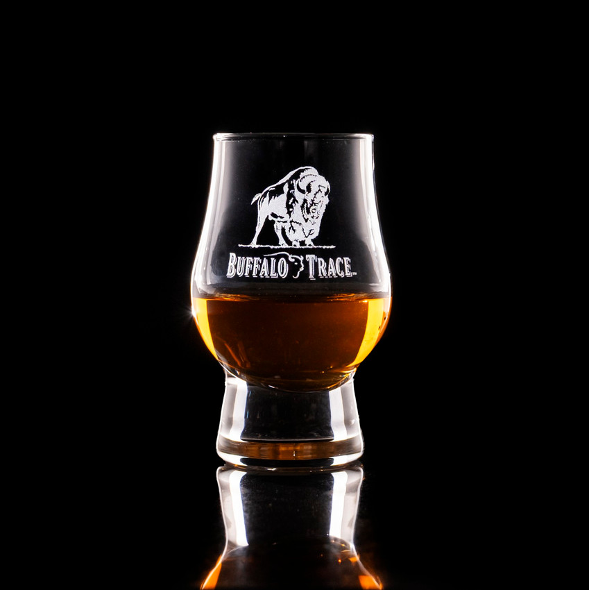 Wholesale engraved 3.5 oz. Urban Bar Perfect Dram customized with Buffalo Trace logo on a black background