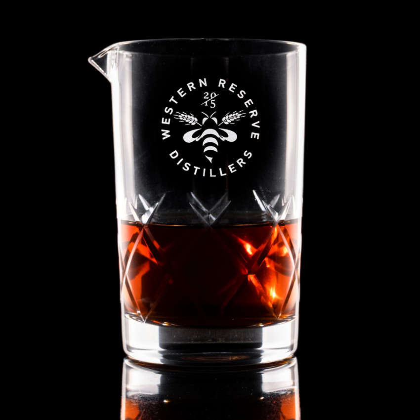 Wholesale engraved Yarai Mixing Glass customized with Western Reserve Distillers logo on a black background
