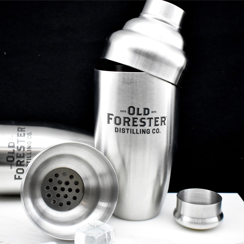 Wholesale engraved Premium Cocktail Shaker customized with Old Forester Distilling logo on a black background