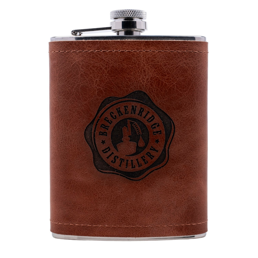 Wholesale engraved 8 oz. Rustic Cognac Leather Flask customized with Breckenridge Distillery logo on a white background