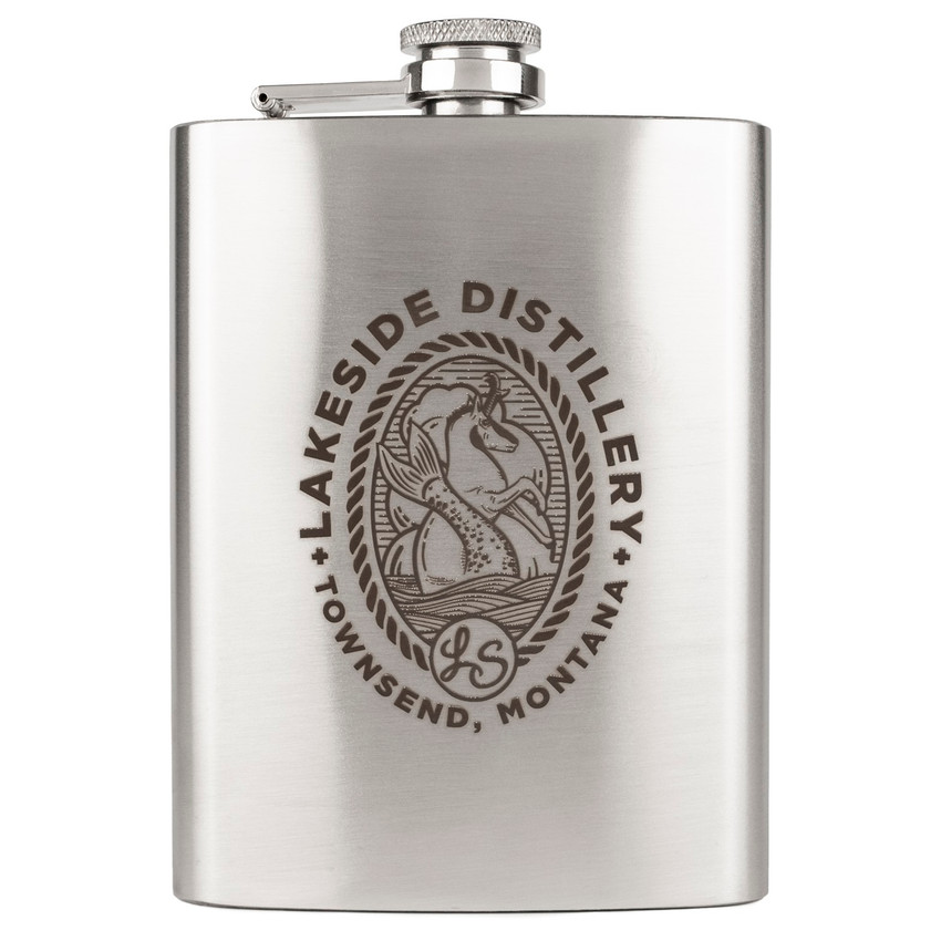 Wholesale engraved 8 oz. Premium Flask customized with Lakeside Distillery logo on a white background