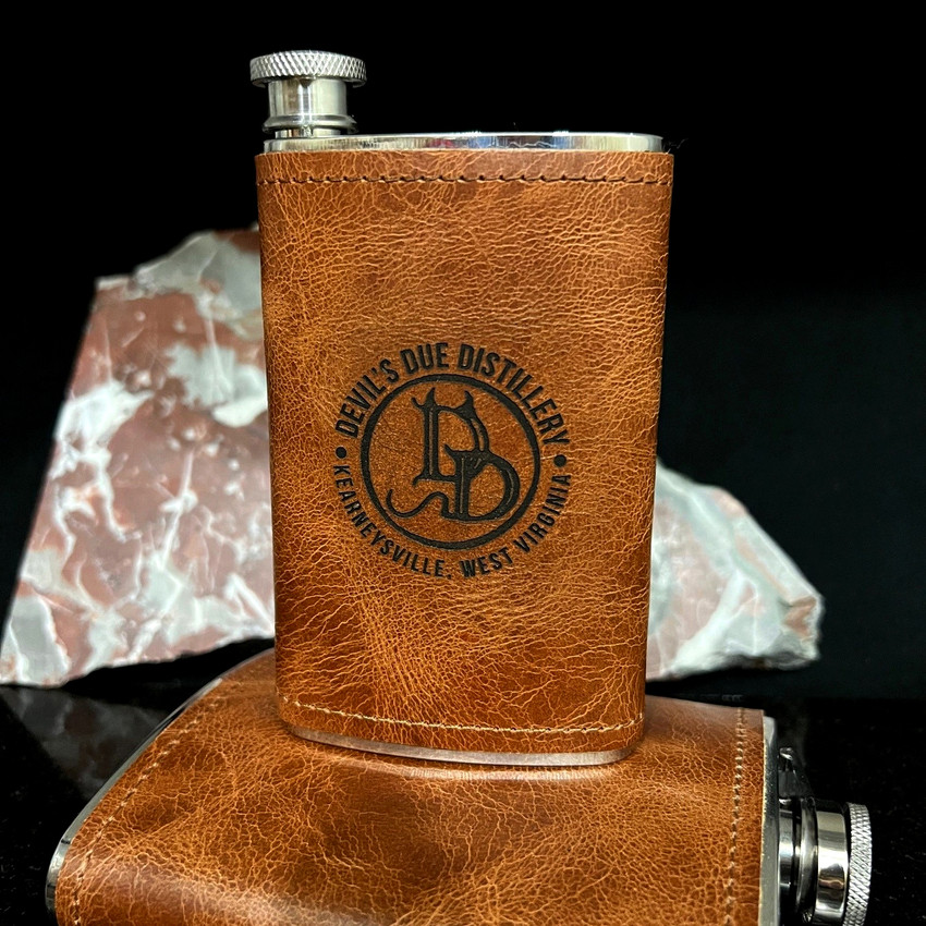 Wholesale 5 oz. Extra Aged Leather Field Flask customized with Devils Due Distillery logo
