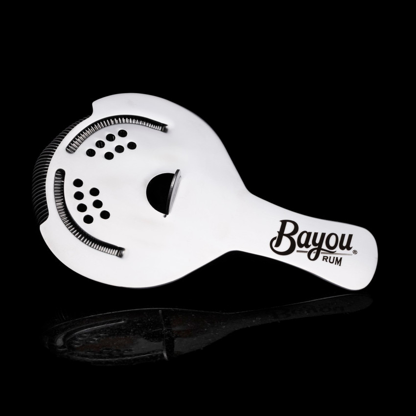 Wholesale engraved Chrome Stainless Steel Hawthorne Strainer customized with Bayou Rum logo on a black background