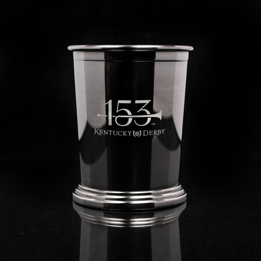 Wholesale engraved Copper Mint Julep Cup customized with Kentucky Derby logo  on a black background
