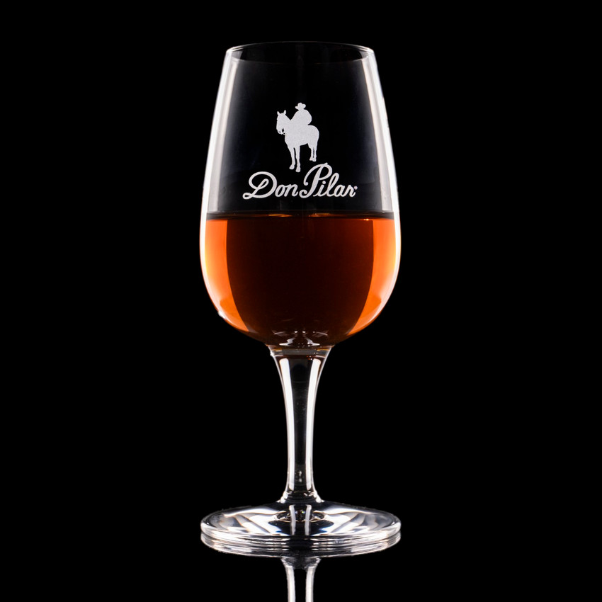 Wholesale engraved 7.75 oz. Stolzle ISO Tasting Glass customized with Don Pilar Tequila logo on a black background