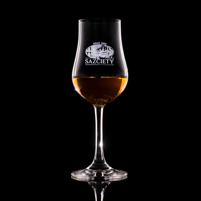 Wholesale engraved 6.25oz Stolzle Euro Tasting Glass customized with Sazciety logo on a black background
