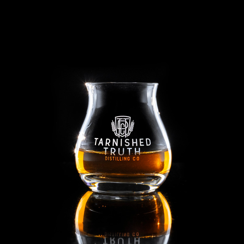 Wholesale engraved Glencairn Burns Dram customized with Tarnished Truth logo on a black background