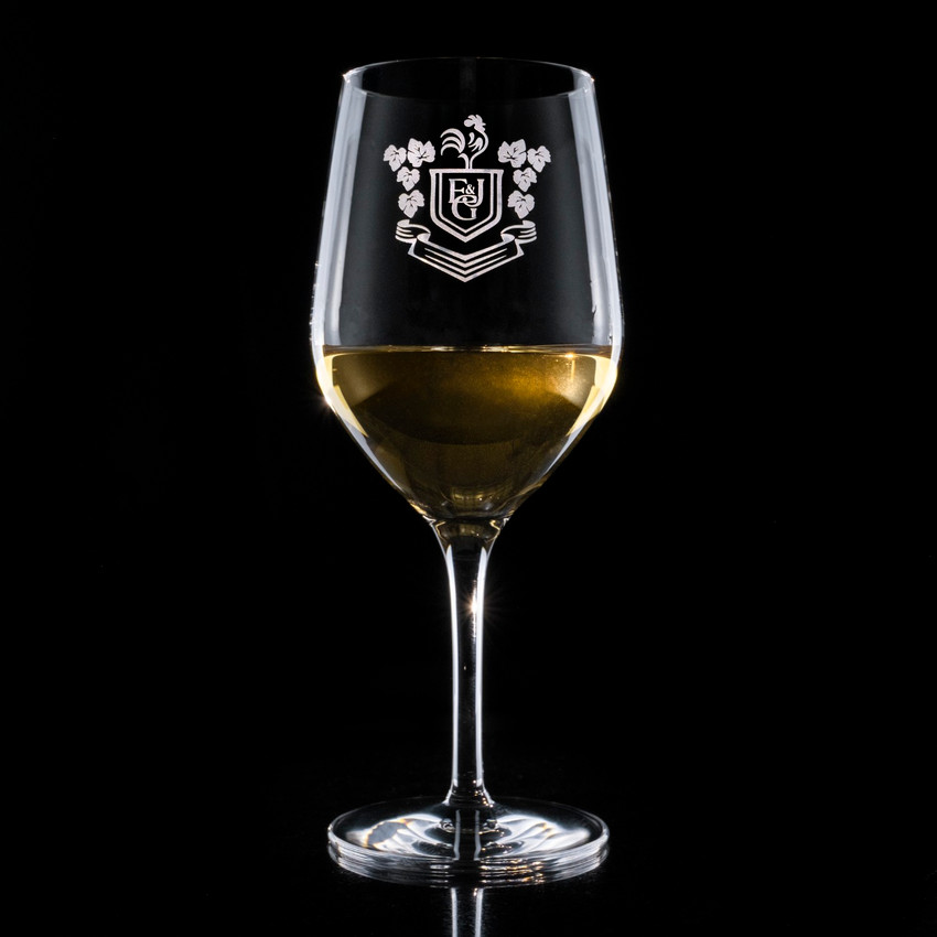 Wholesale engraved Stolzle 12.75 oz. Ultra White Wine customized with EJ Gallo logo on a black background