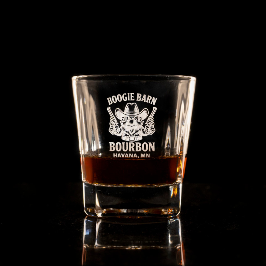 Wholesale engraved 10.5 oz Bardic Old Fashioned Rocks Glass customized with Boogie Barn Bourbon logo on a black background