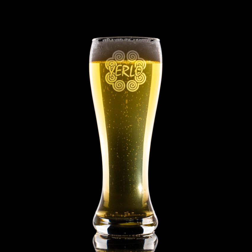 Wholesale engraved 16 oz. Pub Pilsner Glass customized with Yerlo logo on a black background