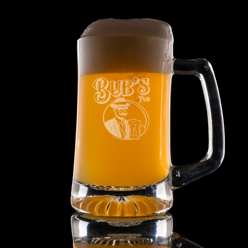 Wholesale engraved 14.5 oz. Craft Beer Mug customized with Bubs Pub logo on a black background