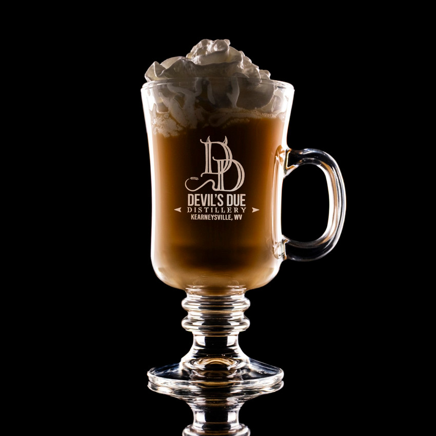 Wholesale engraved Classic Irish Cream Mug customized with Devils Due Distillery logo on a black background