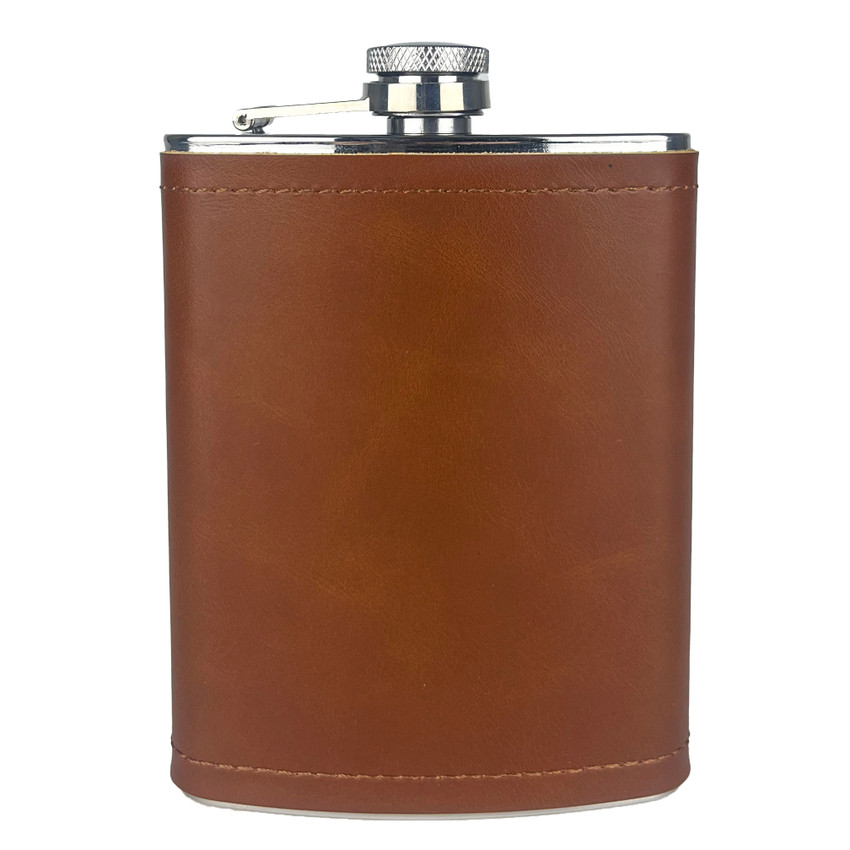 Wholesale 8 oz. Aged Cognac Leather Flask engraved with your logo