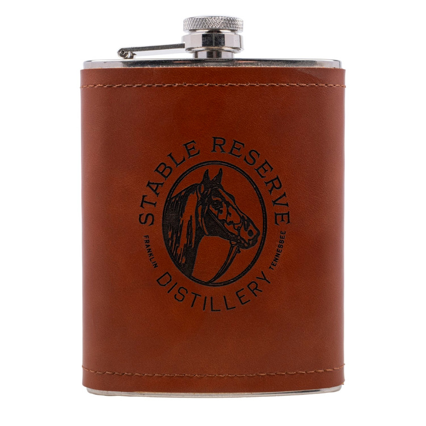 Wholesale engraved 8 oz. Aged Cognac Leather Flask customized with Stable Reserve logo on a white background