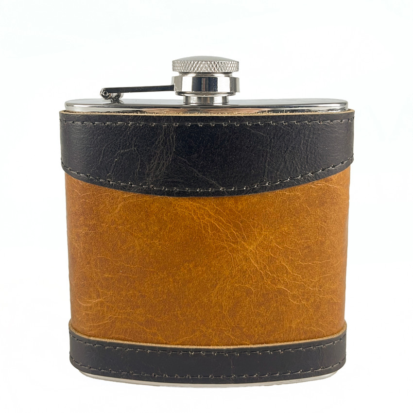 Wholesale 6 oz. Espresso Double Aged Leather Flask engraved with your logo