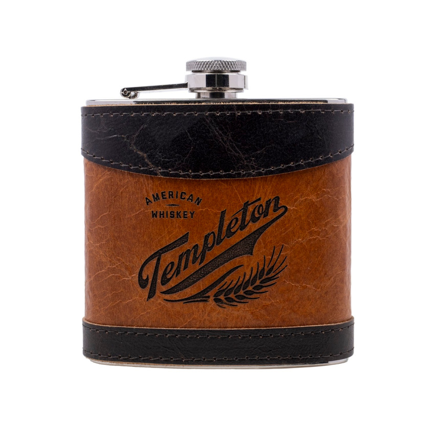 Wholesale engraved 6 oz. Espresso Double Aged Leather Flask customized with Templeton logo on a white background