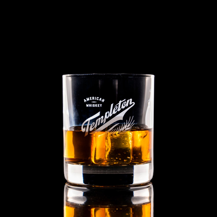 Wholesale engraved 6.5 oz. Stolzle New York Bar Rocks customized with Templeton Distillers logo on a black background