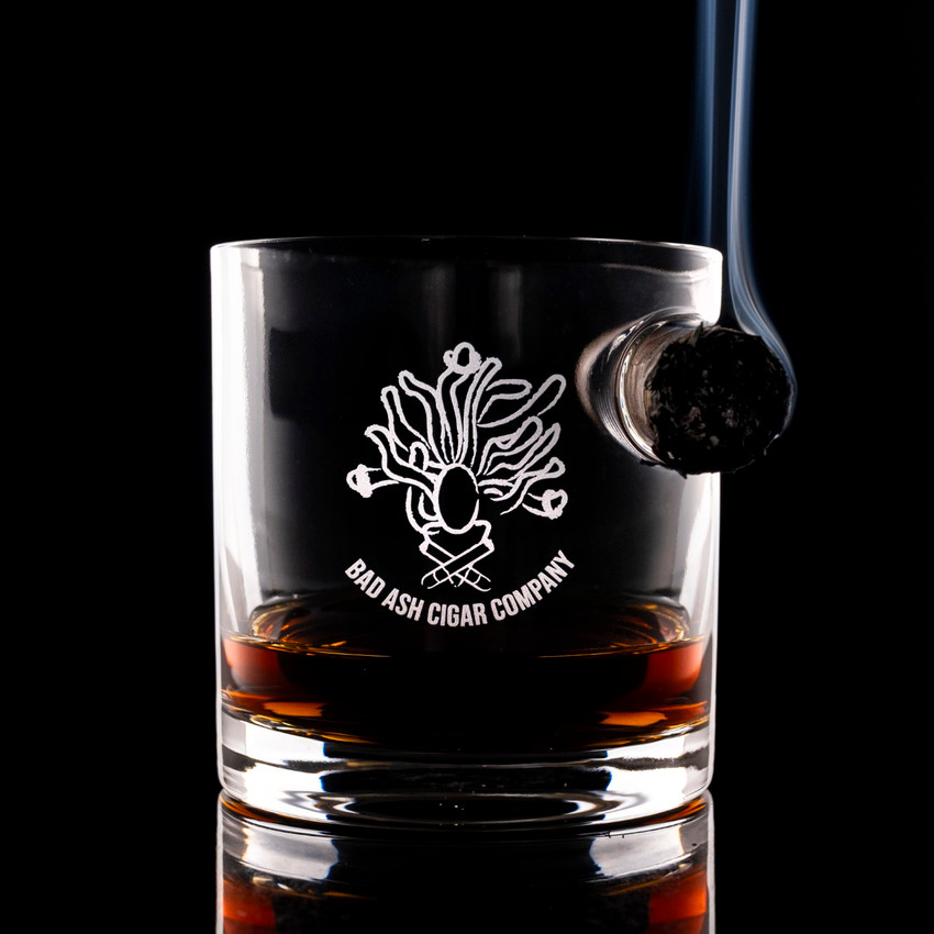Wholesale engraved 12.5 oz. Bespoke Cigar Glass customized with Bad Ash Cigar Company logo on a black background