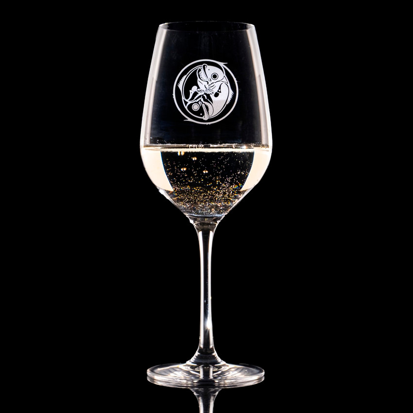 Wholesale engraved 16.75 oz. Stolzle Copa Vino Wine Glass customized with Matts Casbah logo on a black background
