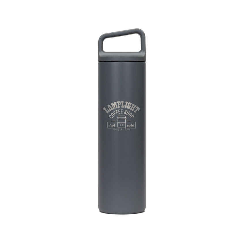 Wholesale engraved 20 oz. MiiR Wide Mouth Water Bottle customized with Lamplight Coffee Shop logo on a white background