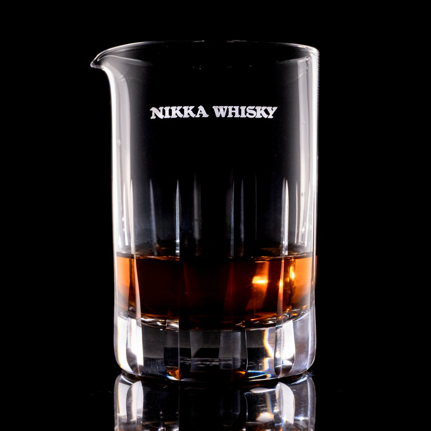 Wholesale engraved Noble Mixing Glass customized with Nikka Whisky logo on a black background