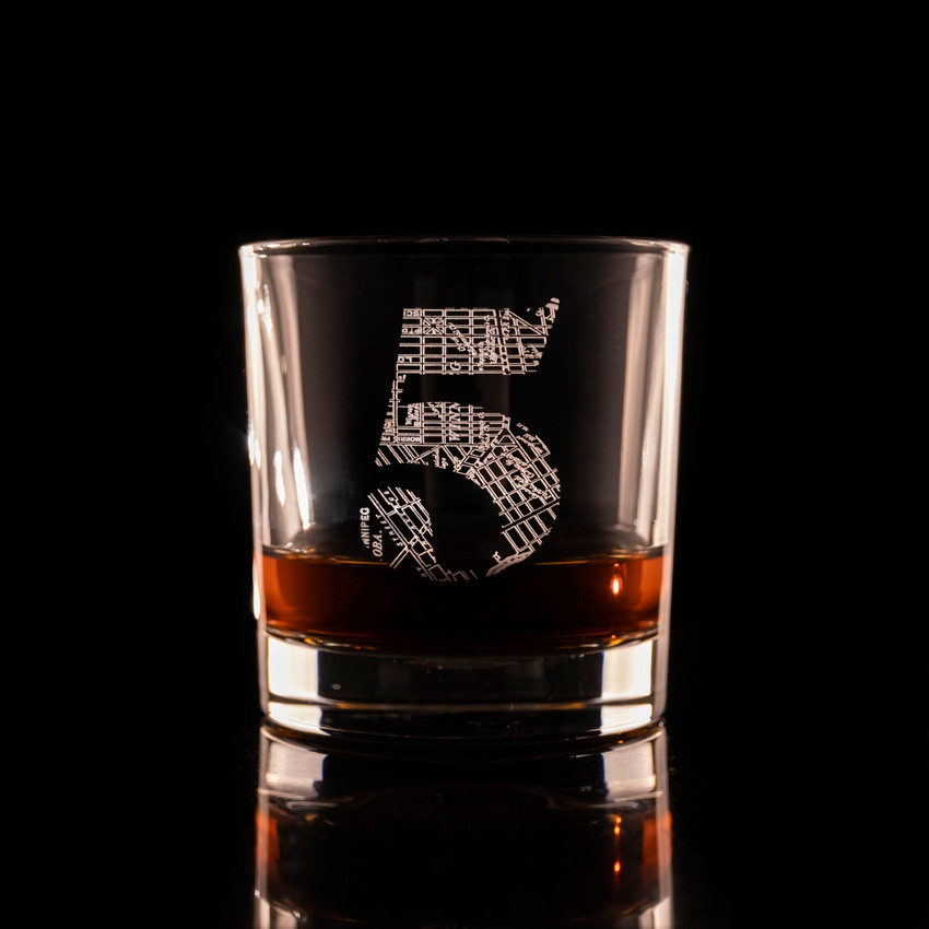 Wholesale engraved 11.5 oz. Classic Old Fashioned Glass with Patent 5 logo black background