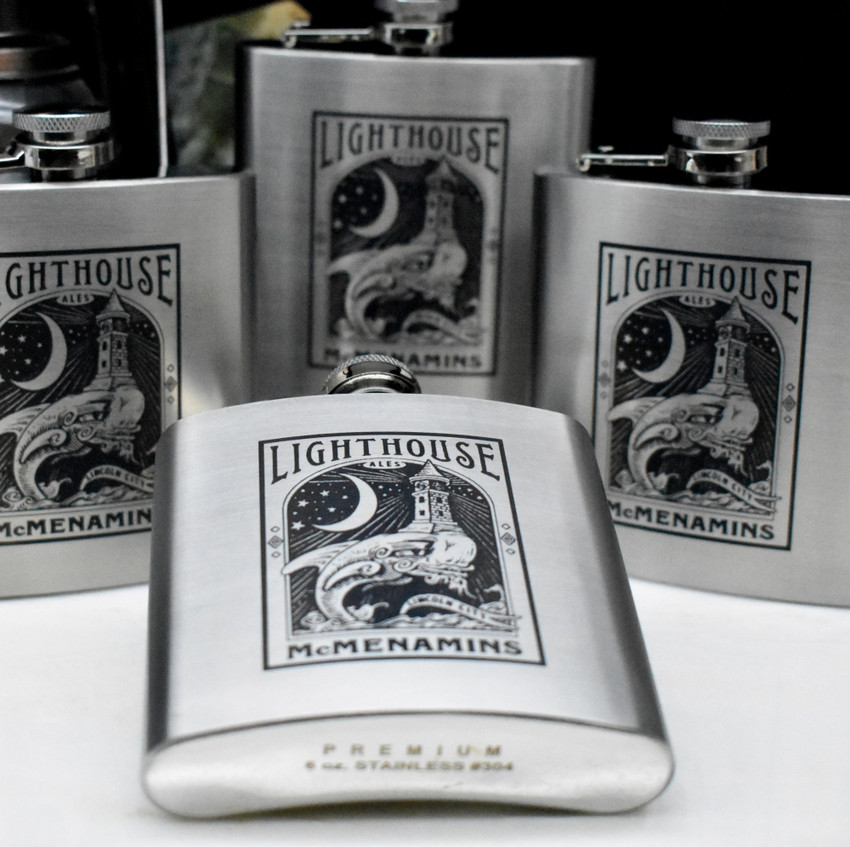 Wholesale engraved 6 oz. Premium Stainless Steel Flask customized with McMenamin's logo on many flasks