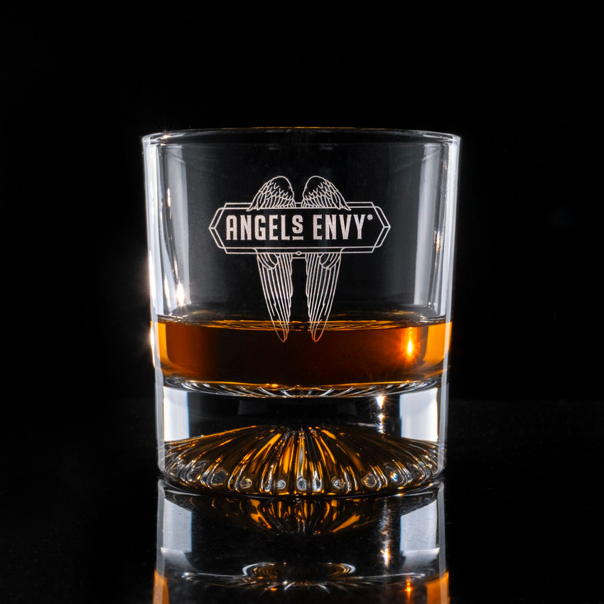 Wholesale engraved 10 oz. Venus Rocks Glass customized with Angels Envy logo on a black background