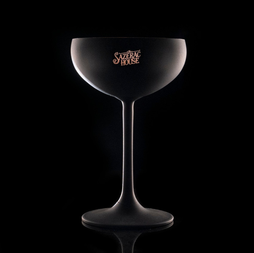 Wholesale engraved Stolzle Black & Copper Glisten Coupe Glass customized with Sazerac House logo on a black background
