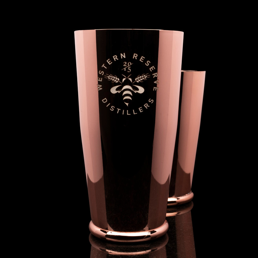 Wholesale engraved Copper Shaking Tin Set customized with Western Reserve Distillers logo on a black background