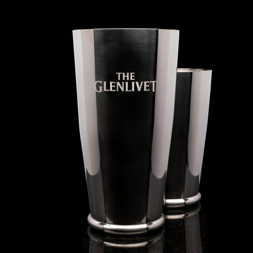 Wholesale engraved Polished Shaking Tin Set customized with The Glenlivet logo on a black background