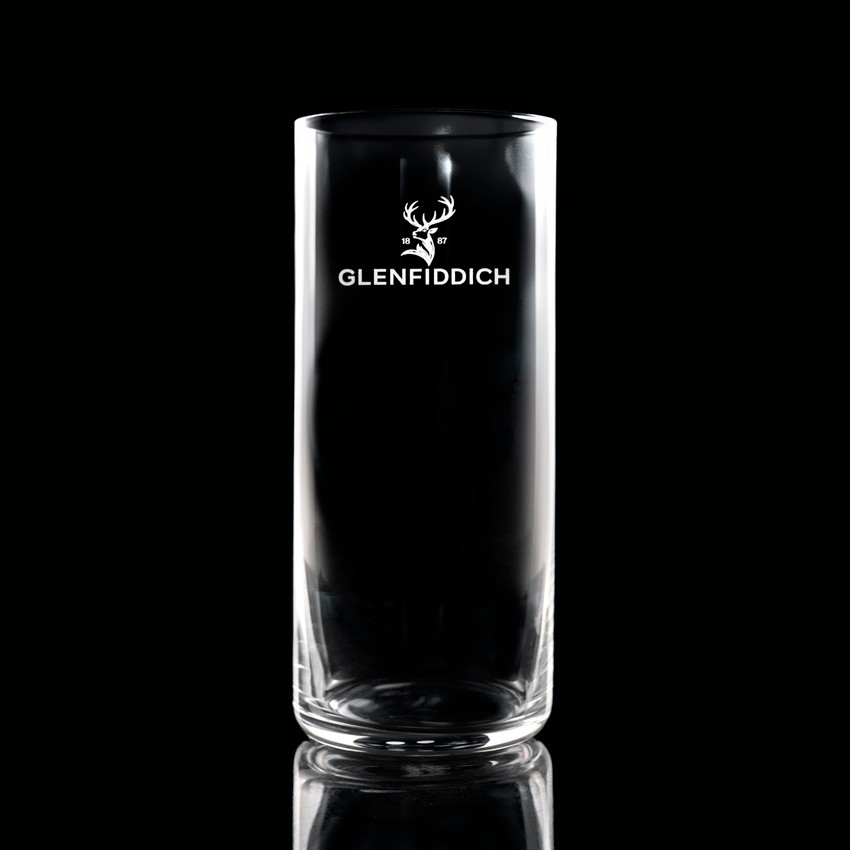 Wholesale engraved 13.5 oz. Kyoto Highball Glass customized with Glenfiddich logo on a black background