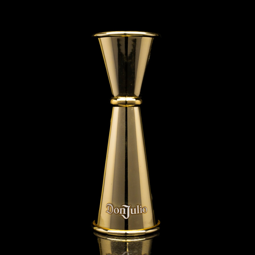 Wholesale engraved Gold Japanese Jigger customized with Don Julio logo on a black background