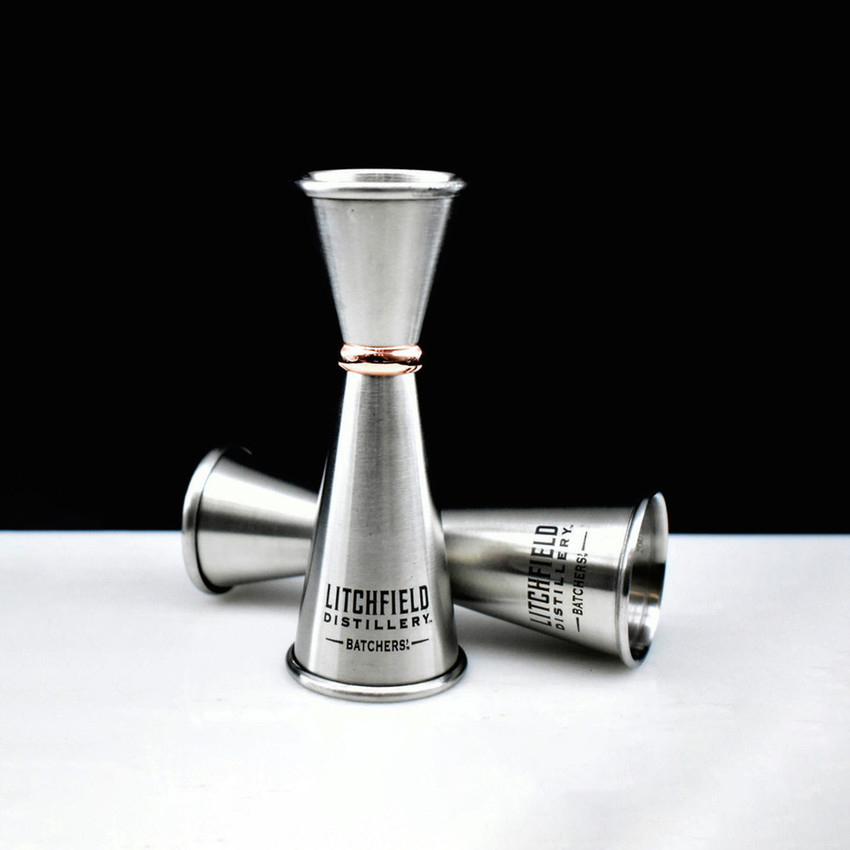 Wholesale engraved Japanese Jigger customized with Litchfield Distilling logo