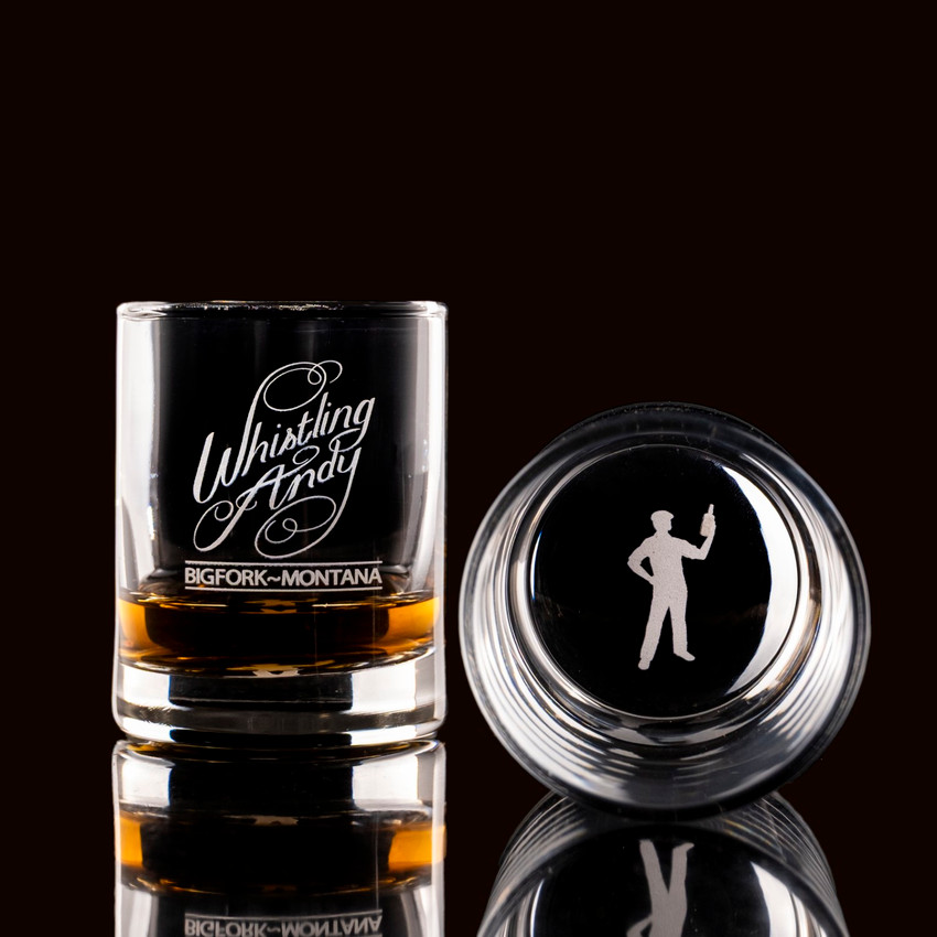Wholesale engraved 3 oz. Lexi Big Shot customized with Whistling Andy Distilling logo on a black background