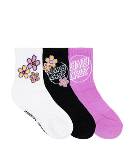 Santa Cruz Girls Blooming Stack Mix Mid Sock 3 Pack - Black/White/Purple 2-6