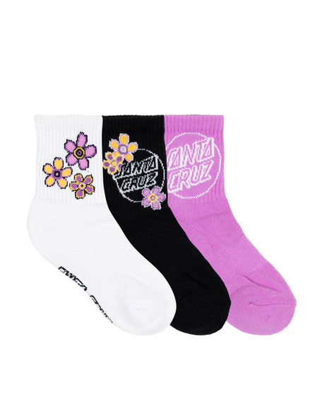 Santa Cruz Girls Blooming Stack Mix Mid Sock 3 Pack - Black/White/Purple 2-6