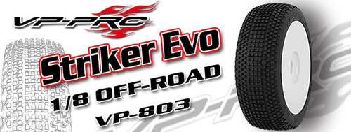 VP-PRO 803 Striker Evo 1/8 Buggy Tires PRE-GLUED on White Rims (2)