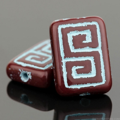 Greek Key (Rectangle 13x9mm) - Burgundy Red Opaque with Turquoise Wash