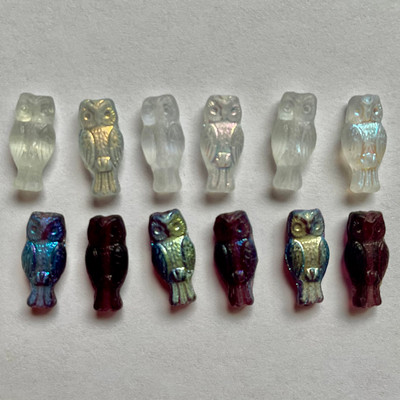 Owl Beads (7x15mm) - Amethyst Transparent and Clear Transparent with AB Half Coat Finish