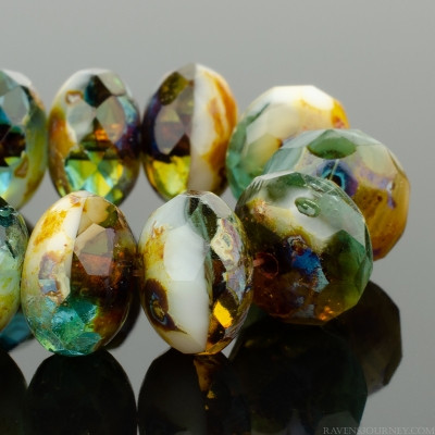 Rondelle (9x6mm) - Aqua Blue / Amber Transparent Ivory Opaque Mix with Picasso Finish