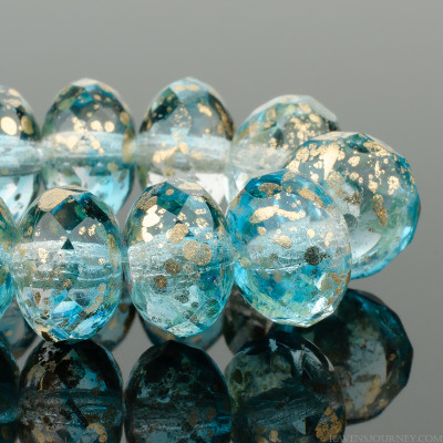 Rondelle (9x6mm) - Aqua Blue and Crystal Transparent Mix with Antique Gold Finish