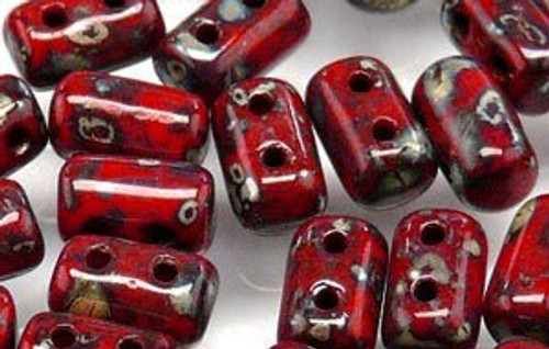 Rulla Two-Holed Beads - Red Opaque Silver Picasso