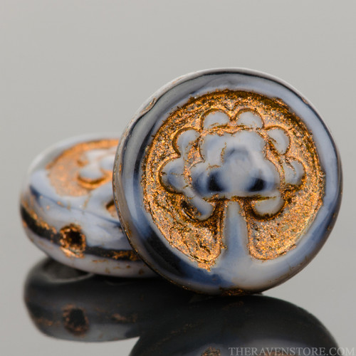 Tree Coin Bead - Pink and Jet Opaque Mix with Dark Bronze Wash | Pk of 4 Tree Coin Bead - Pink and Jet Opaque Mix with Dark Bronze Wash | Pk of 4