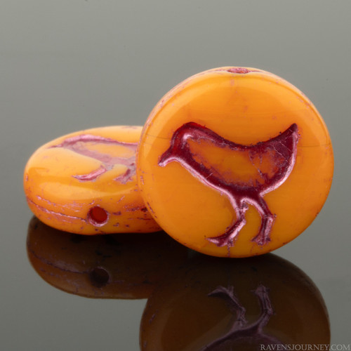 Bird Coin Bead - Orange Opaque with Metallic Pink Wash | Pk of 5 Bird Coin Bead - Orange Opaque with Metallic Pink Wash | Pk of 5