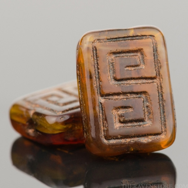 Greek Key (Rectangle 13x9mm) - Dark Amber Transparent with Dark Bronze Wash