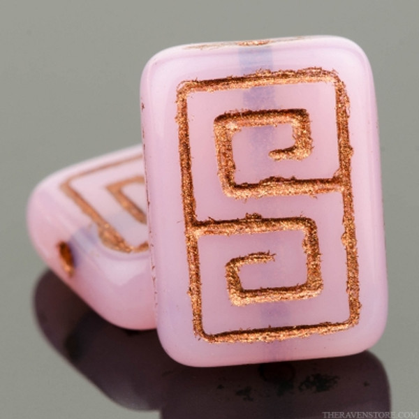 Greek Key (Rectangle 13x9mm) - Pink Opaline with Dark Bronze Wash