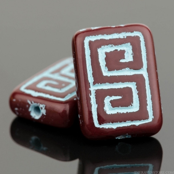 Greek Key (Rectangle 13x9mm) - Burgundy Red Opaque with Turquoise Wash